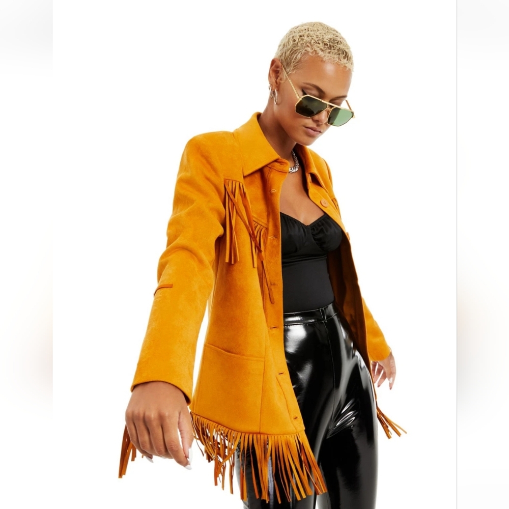 DANIELLE BERNSTEIN Fringed Faux Suede Jacket, Pocketed Button Down, Size XS